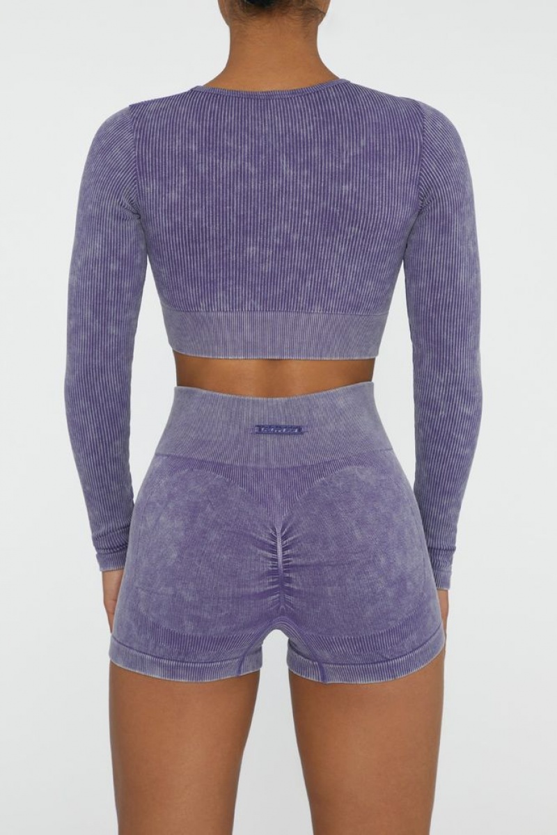 Oh Polly Agile Long Sleeve High Neck Zip Crop Top Bo+Tee Tops Violet | NESC-16420