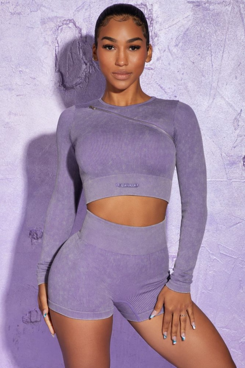 Oh Polly Agile Long Sleeve High Neck Zip Crop Top Bo+Tee Tops Violet | NESC-16420