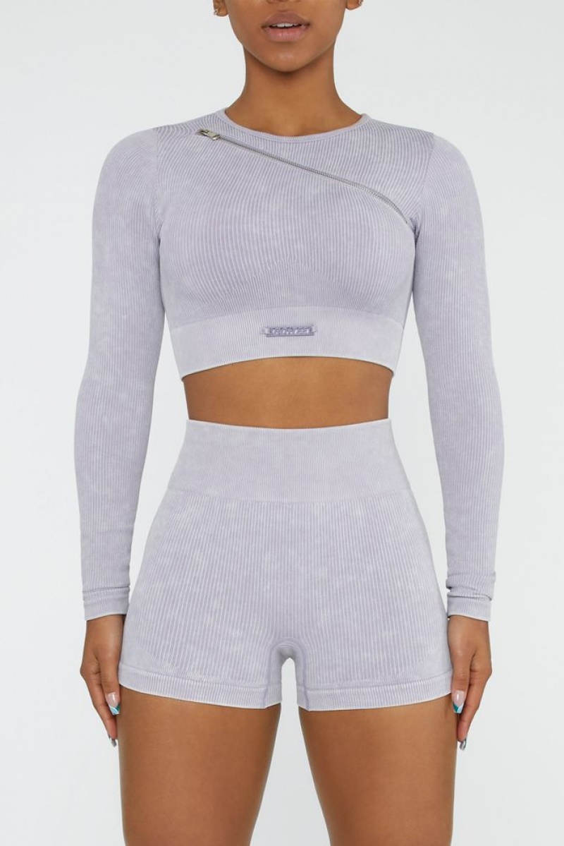 Oh Polly Agile Long Sleeve High Neck Zip Crop Top Bo+Tee Tops Lilac | XKCG-75102