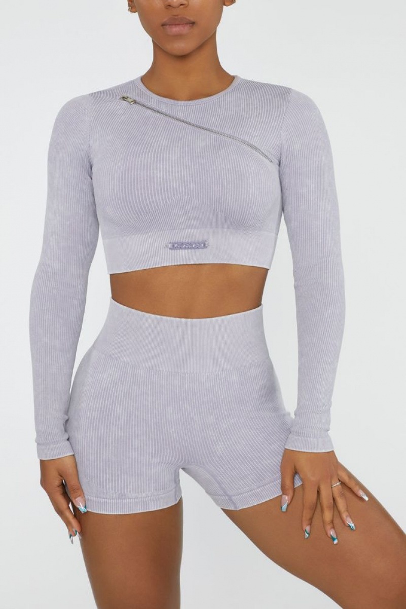 Oh Polly Agile Long Sleeve High Neck Zip Crop Top Bo+Tee Tops Lilac | XKCG-75102