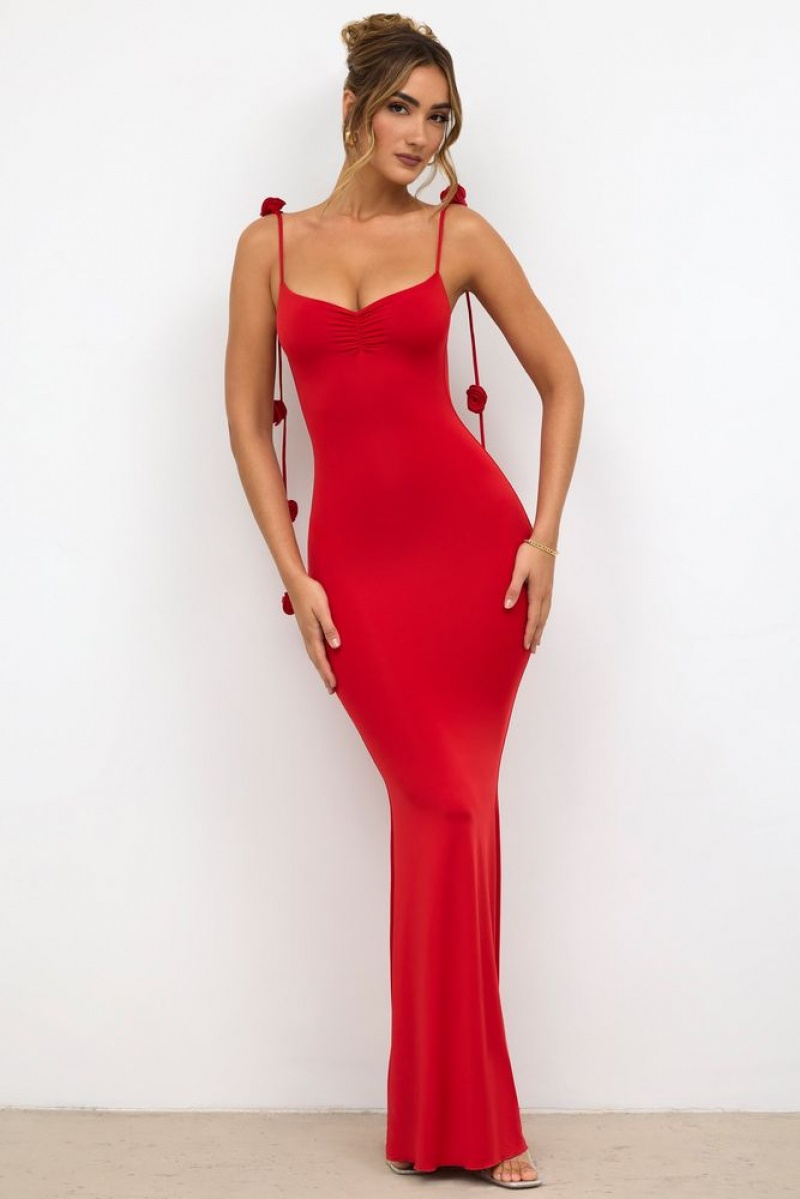 Oh Polly Aldona Slinky Jersey Rose Detail Evening Gown Other Dress Scarlet Red | QRPB-56723