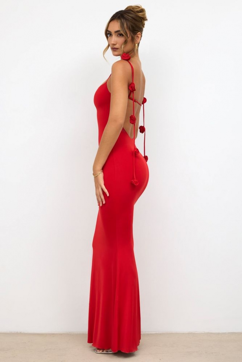 Oh Polly Aldona Slinky Jersey Rose Detail Evening Gown Other Dress Scarlet Red | QRPB-56723