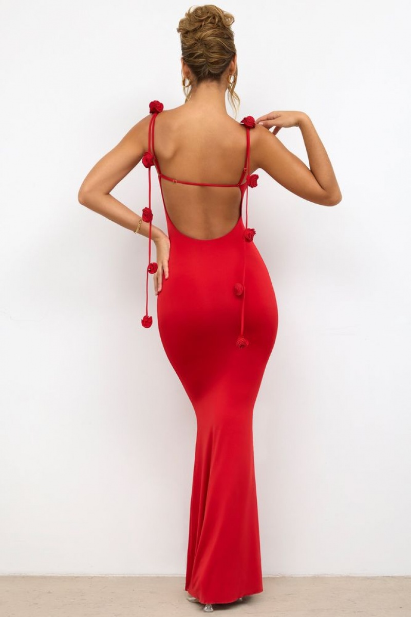 Oh Polly Aldona Slinky Jersey Rose Detail Evening Gown Other Dress Scarlet Red | QRPB-56723