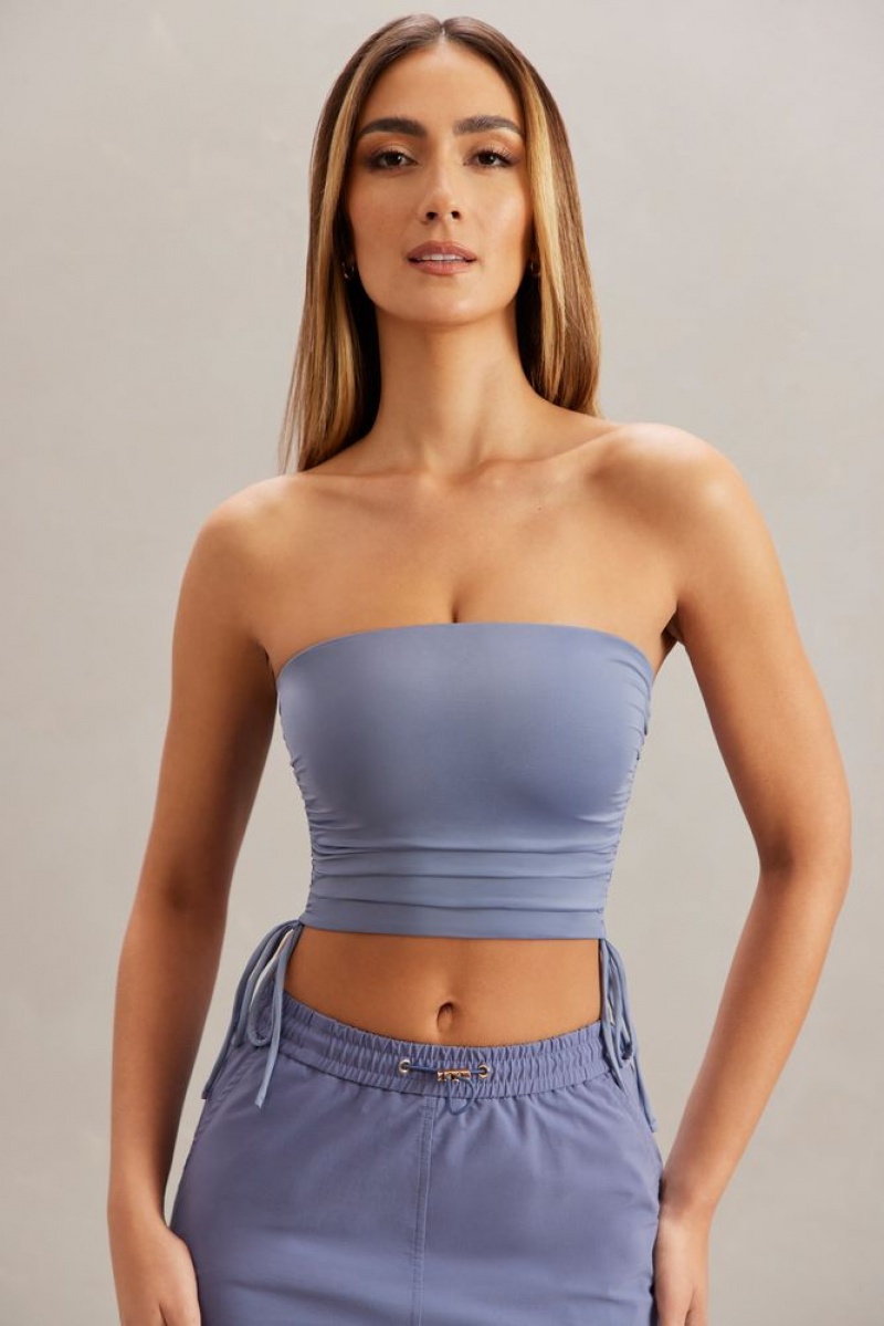 Oh Polly Alisa Ruched Bandeau Crop Top Womens Tops Blue | XYVA-61879