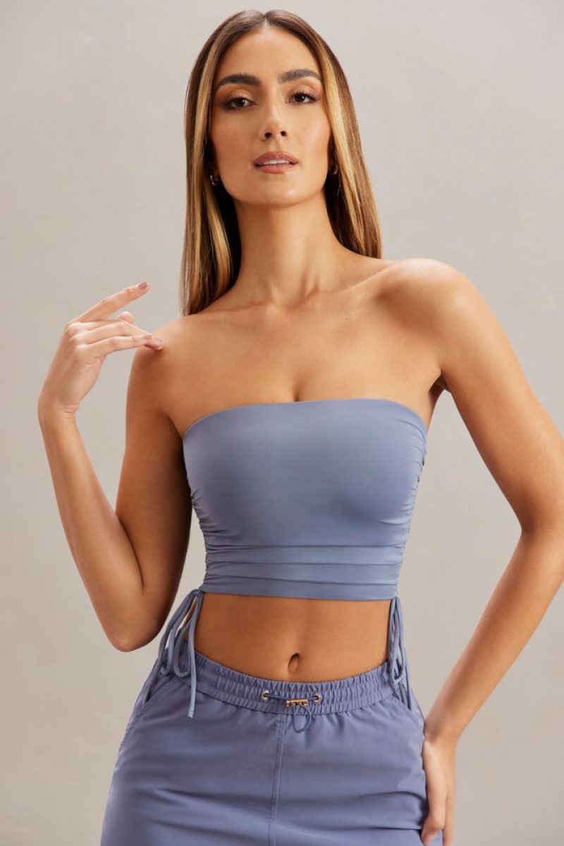 Oh Polly Alisa Ruched Bandeau Crop Top Womens Tops Blue | XYVA-61879