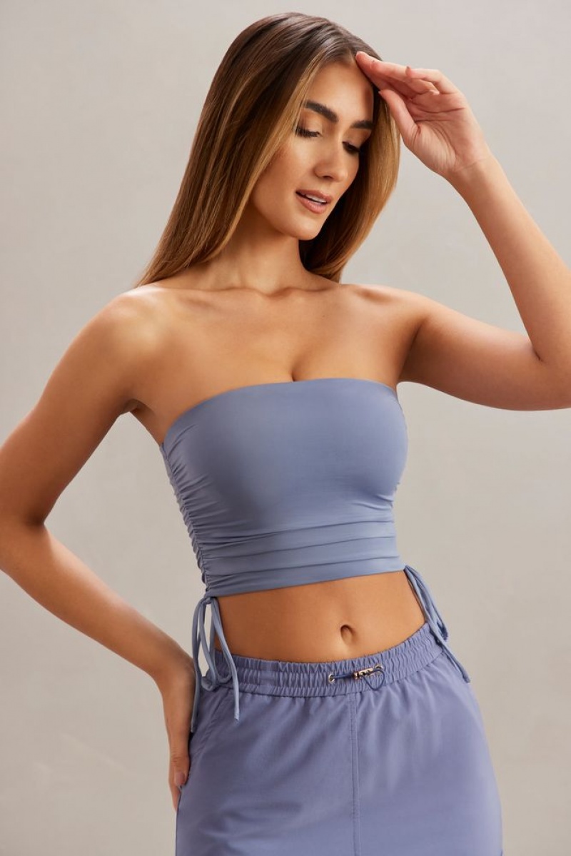 Oh Polly Alisa Ruched Bandeau Crop Top Womens Tops Blue | XYVA-61879