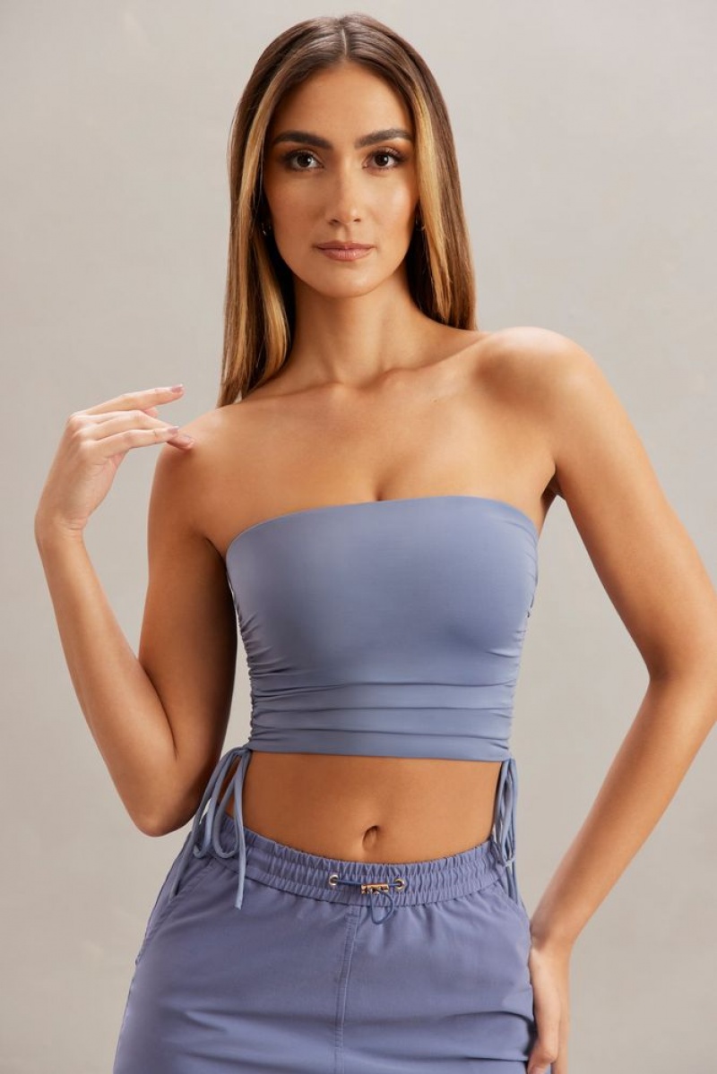 Oh Polly Alisa Ruched Bandeau Crop Top Womens Tops Blue | XYVA-61879