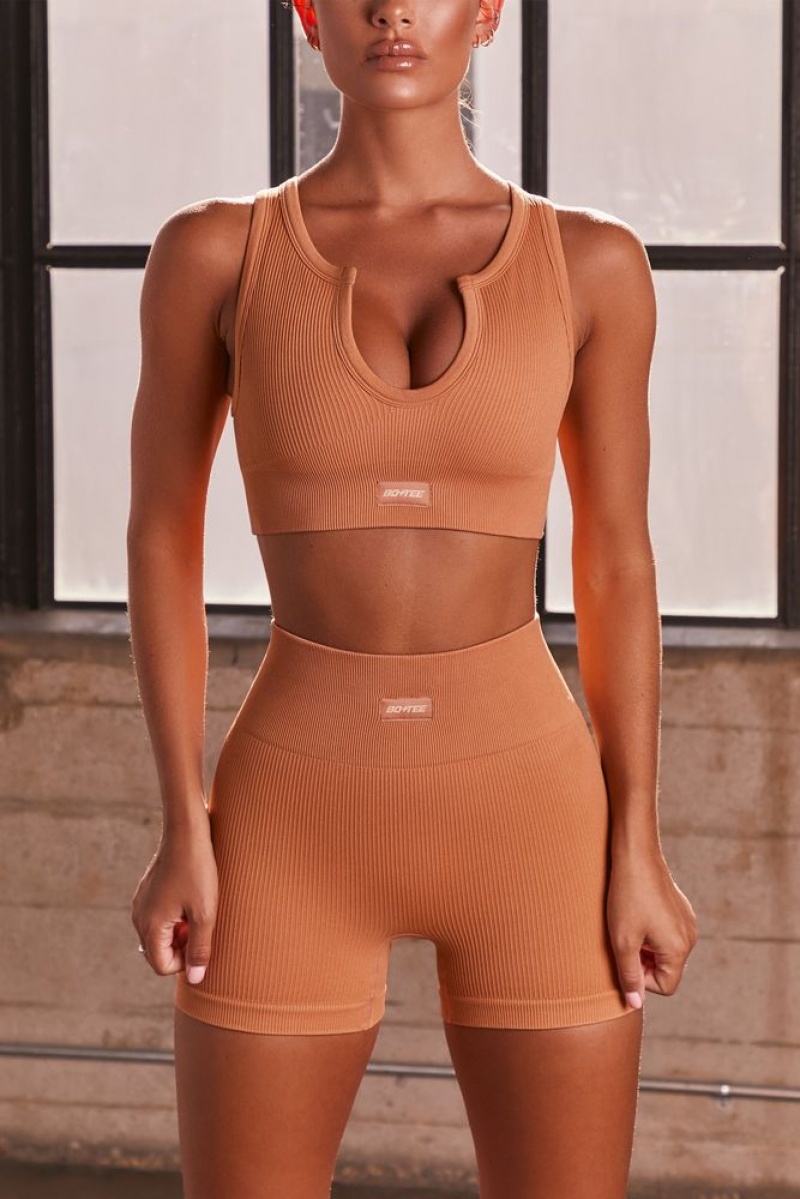 Oh Polly All You've Got Ribbed Sleeveless Crop Top Bo+Tee Tops Caramel | OCDB-89132