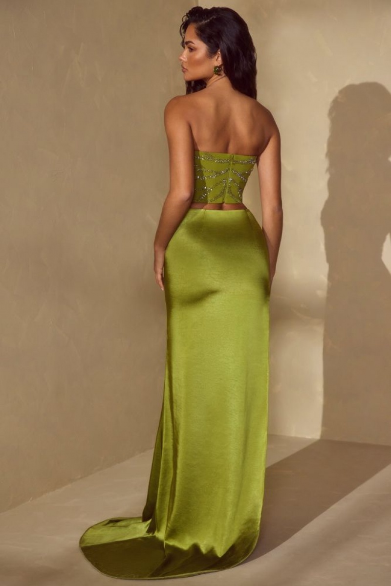 Oh Polly Amara High Slit Gown Length Skirt with Train Skirts Olive | HLDU-34521