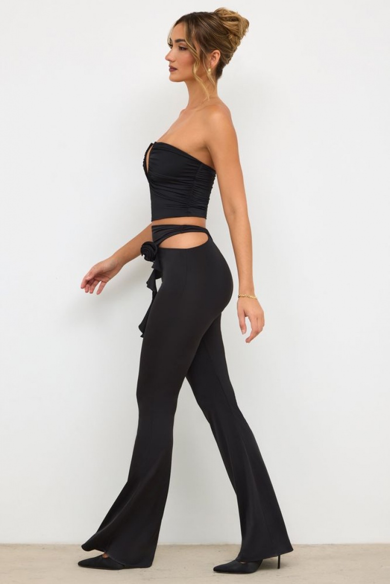 Oh Polly Angelika Tall Premium Jersey Rose Detail Mid-Rise Flare Trousers Women's Trousers Black | ZVXG-10382