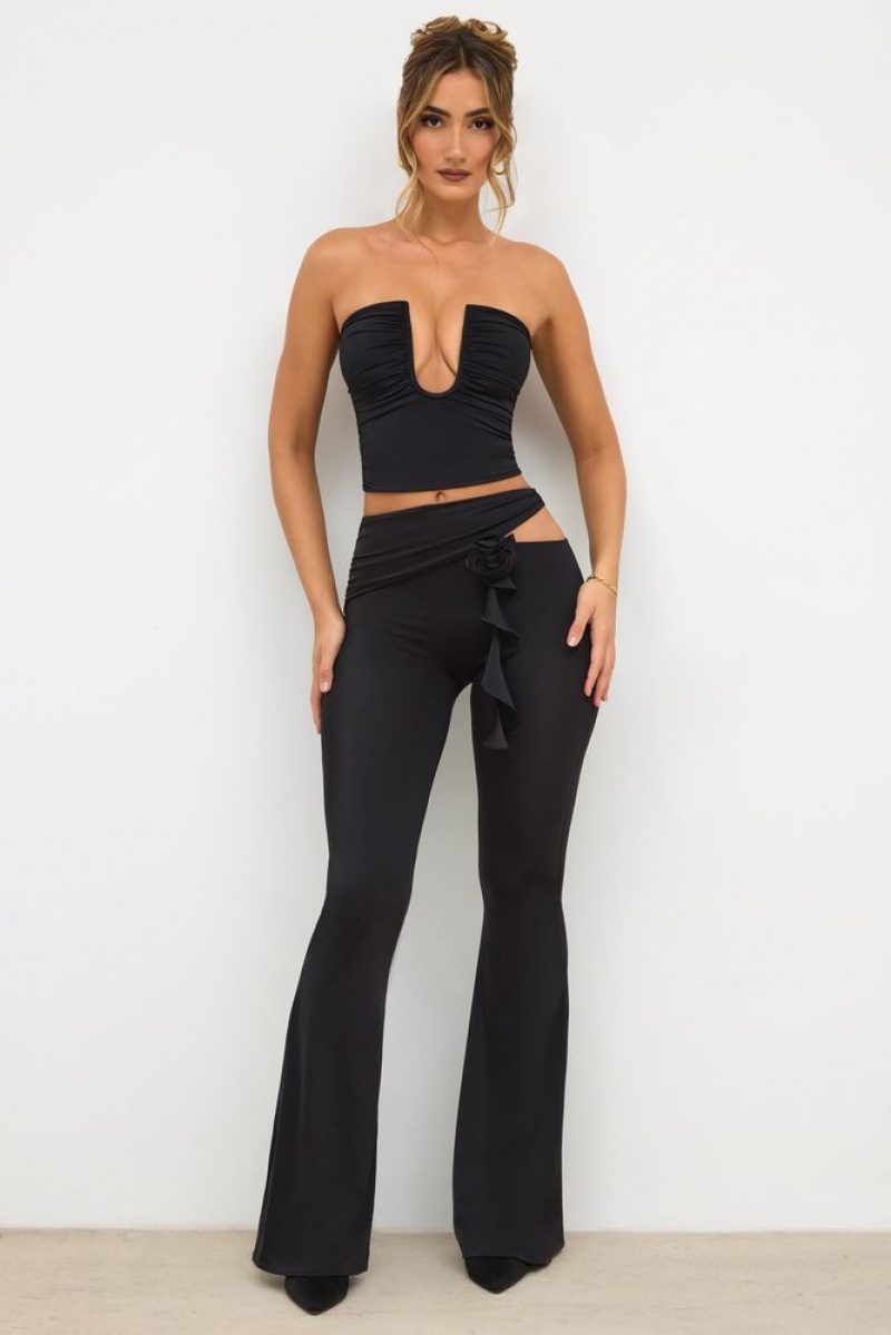 Oh Polly Angelika Tall Premium Jersey Rose Detail Mid-Rise Flare Trousers Women's Trousers Black | ZVXG-10382