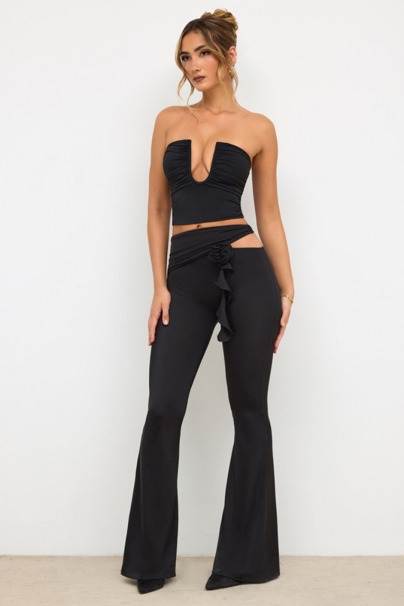 Oh Polly Angelika Tall Premium Jersey Rose Detail Mid-Rise Flare Trousers Women's Trousers Black | ZVXG-10382