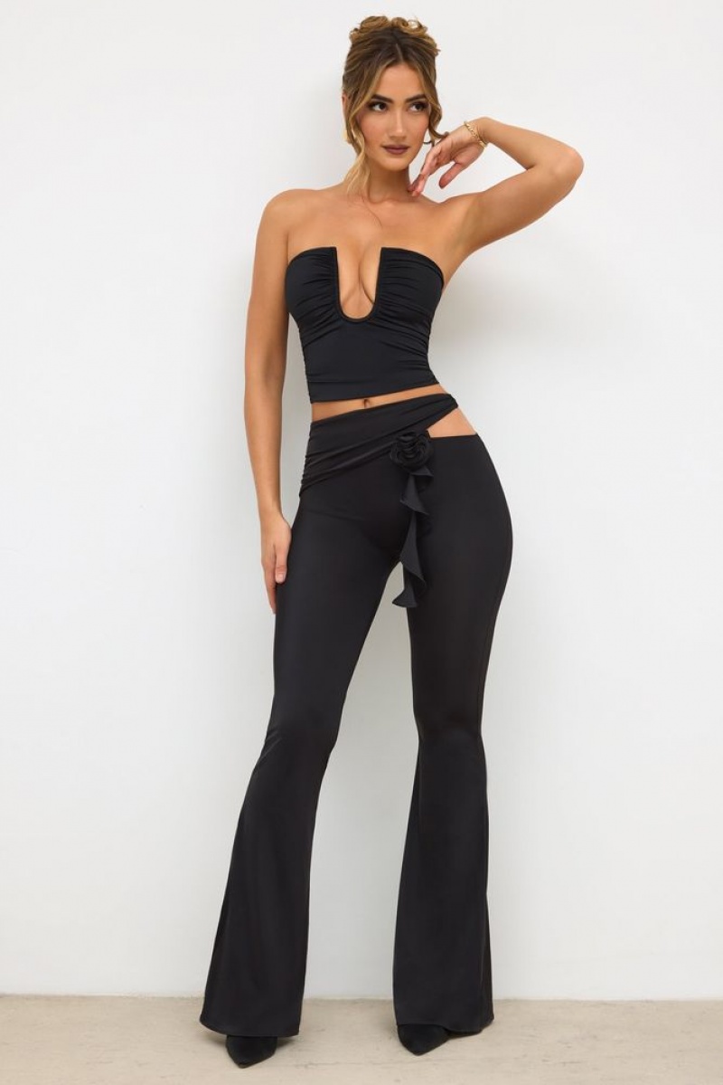 Oh Polly Angelika Tall Premium Jersey Rose Detail Mid-Rise Flare Trousers Women\'s Trousers Black | ZVXG-10382