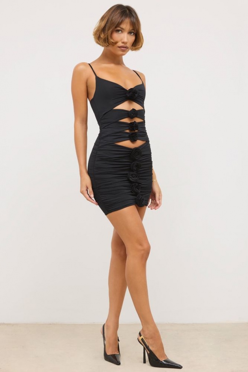 Oh Polly Aniela Slinky Jersey Rose Detail Cut Out Mini Dress Mini Dress Black | ZVIG-14765