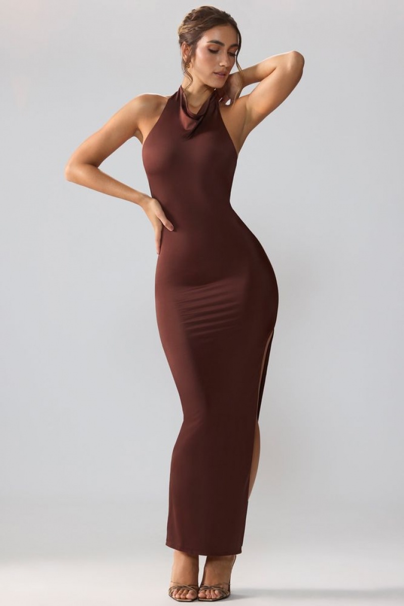 Oh Polly Anise Premium Jersey Cowl Neck Backless Maxi Dress Maxi Dress Espresso | DNIQ-17683