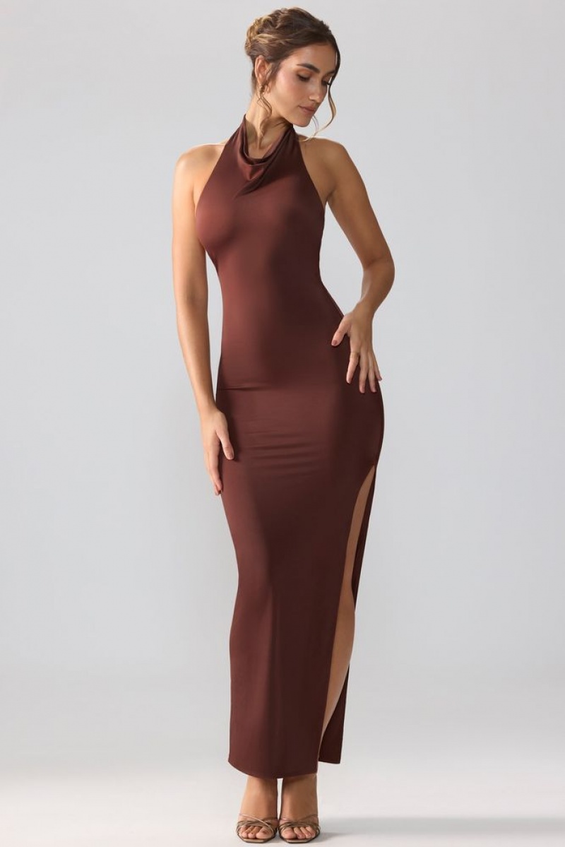 Oh Polly Anise Premium Jersey Cowl Neck Backless Maxi Dress Maxi Dress Espresso | DNIQ-17683