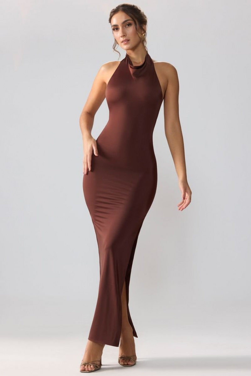 Oh Polly Anise Premium Jersey Cowl Neck Backless Maxi Dress Maxi Dress Espresso | DNIQ-17683