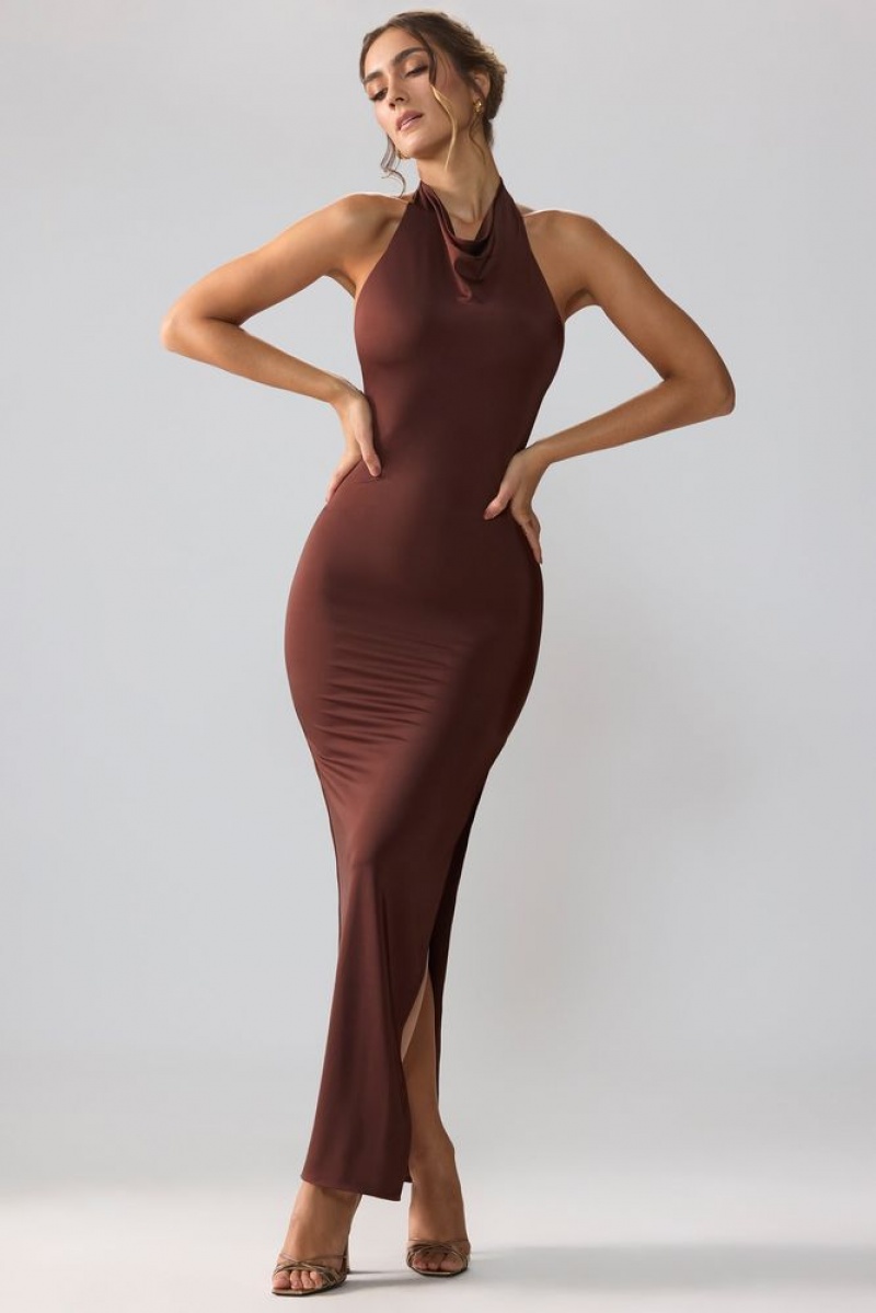 Oh Polly Anise Premium Jersey Cowl Neck Backless Maxi Dress Maxi Dress Espresso | DNIQ-17683