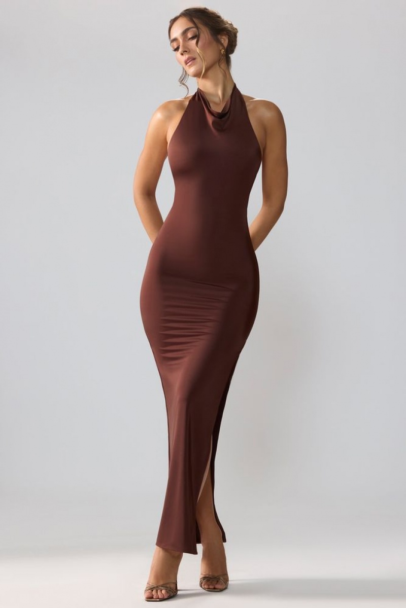 Oh Polly Anise Premium Jersey Cowl Neck Backless Maxi Dress Maxi Dress Espresso | DNIQ-17683