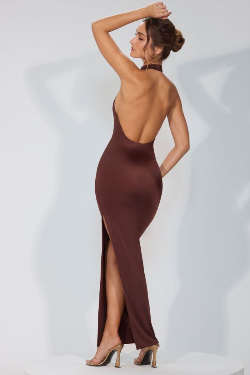 Oh Polly Anise Premium Jersey Cowl Neck Backless Maxi Dress Maxi Dress Espresso | DNIQ-17683