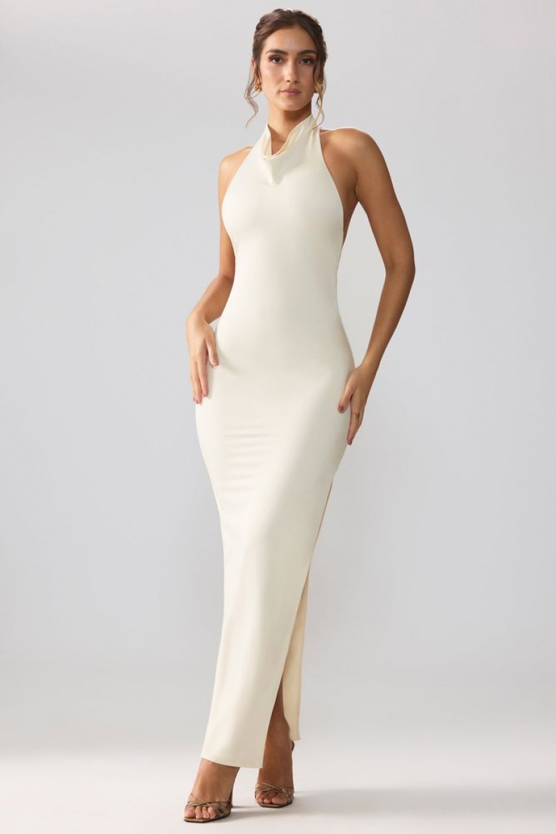 Oh Polly Anise Premium Jersey Cowl Neck Backless Maxi Dress Maxi Dress Ivory | XUHK-58027