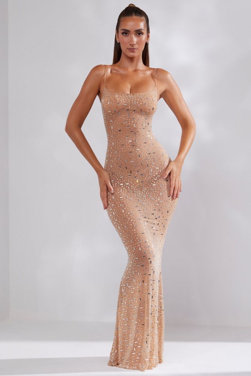 Oh Polly Antonella Sheer Embellished Scoop Neck Evening Gown Other Dress Almond | DJGC-91362