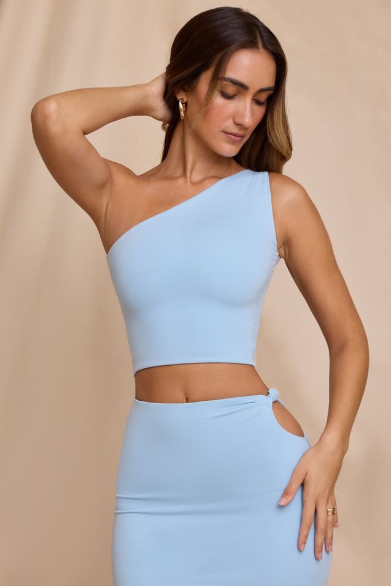 Oh Polly Ariel One Shoulder Cut-Out Back Crop Top Womens Tops Sky Blue | WGRO-03876