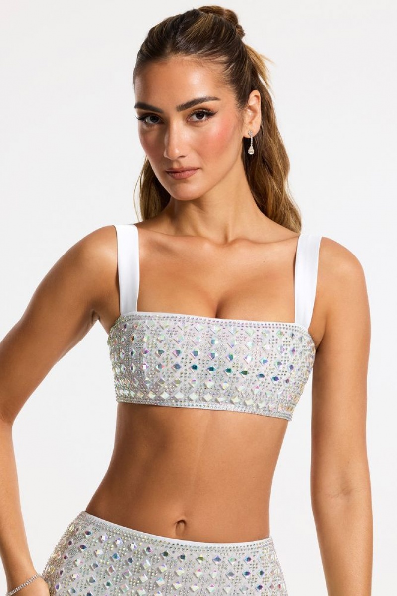 Oh Polly Asani Embellished Square Neck Crop Top Womens Tops Silver | OPHU-62831