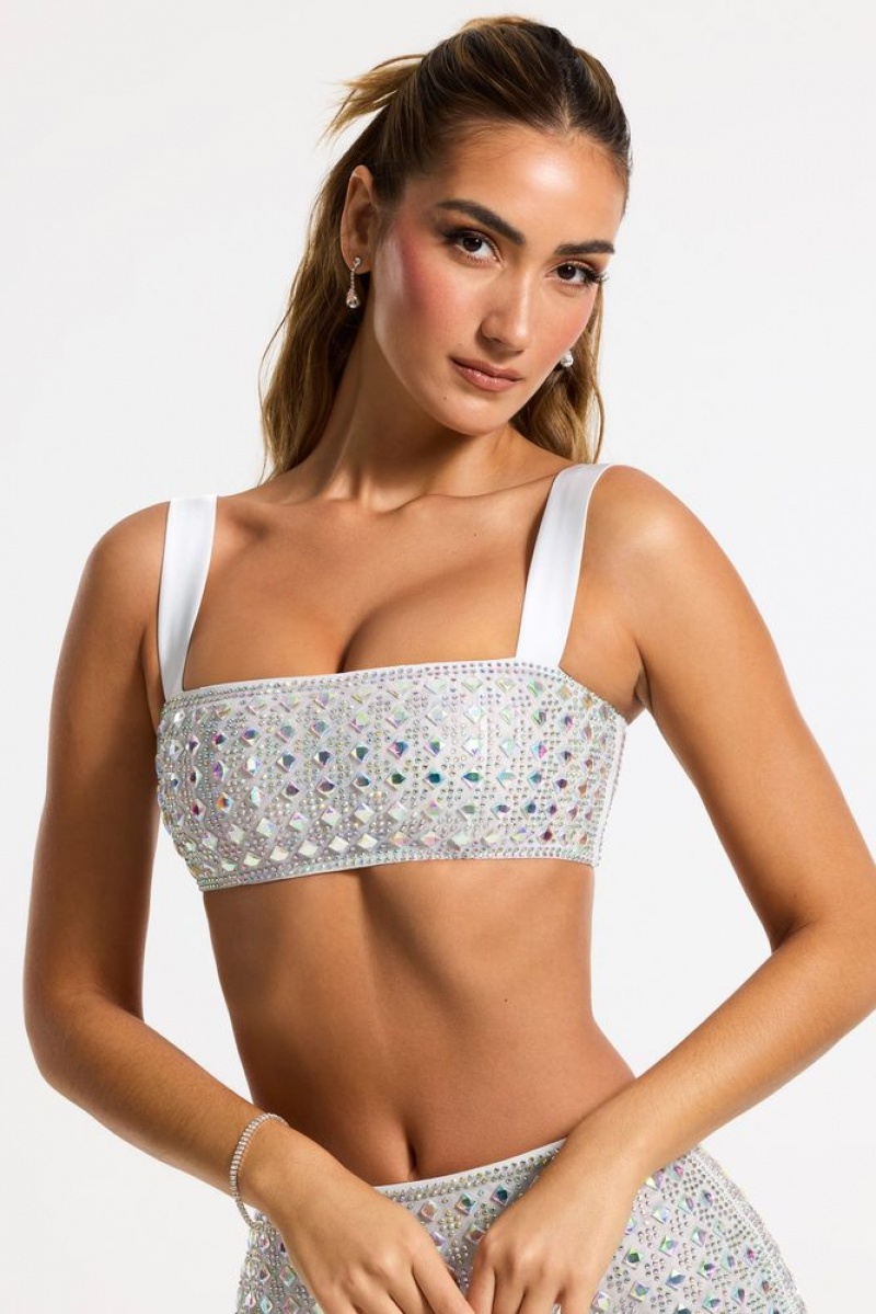 Oh Polly Asani Embellished Square Neck Crop Top Womens Tops Silver | OPHU-62831