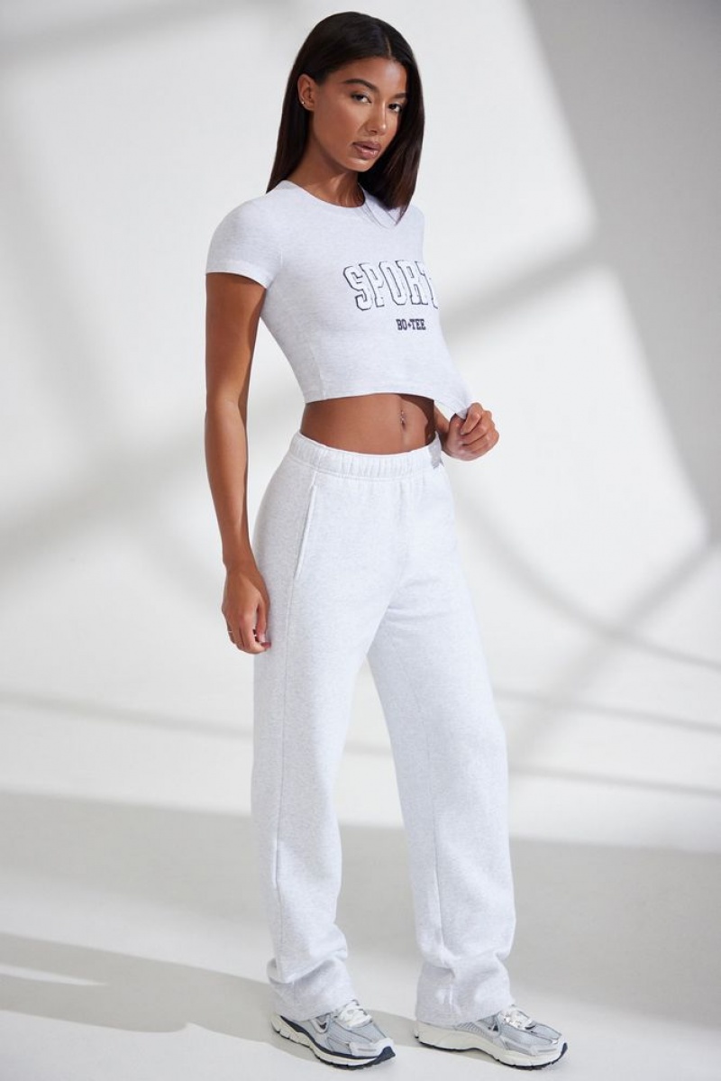 Oh Polly Athletics Petite Wide Leg Embroidered Back Joggers Pants Heather Grey | IYSV-47920