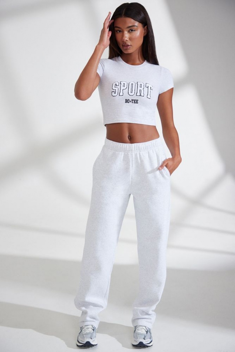 Oh Polly Athletics Petite Wide Leg Embroidered Back Joggers Pants Heather Grey | IYSV-47920