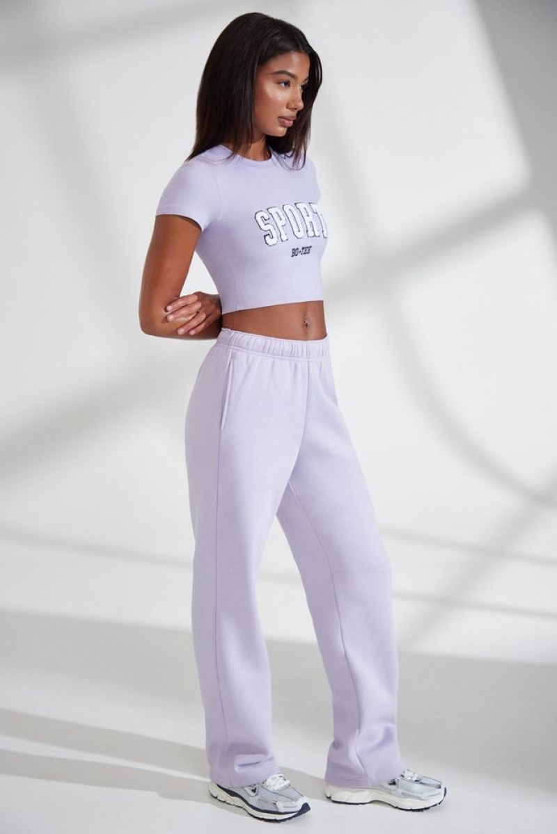 Oh Polly Athletics Petite Wide Leg Embroidered Back Joggers Pants Lavender | FZVM-69542