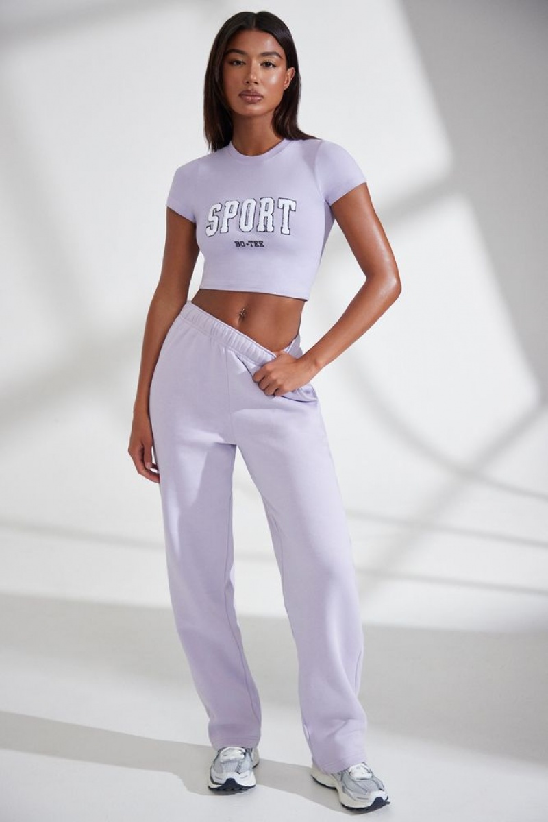 Oh Polly Athletics Petite Wide Leg Embroidered Back Joggers Pants Lavender | FZVM-69542