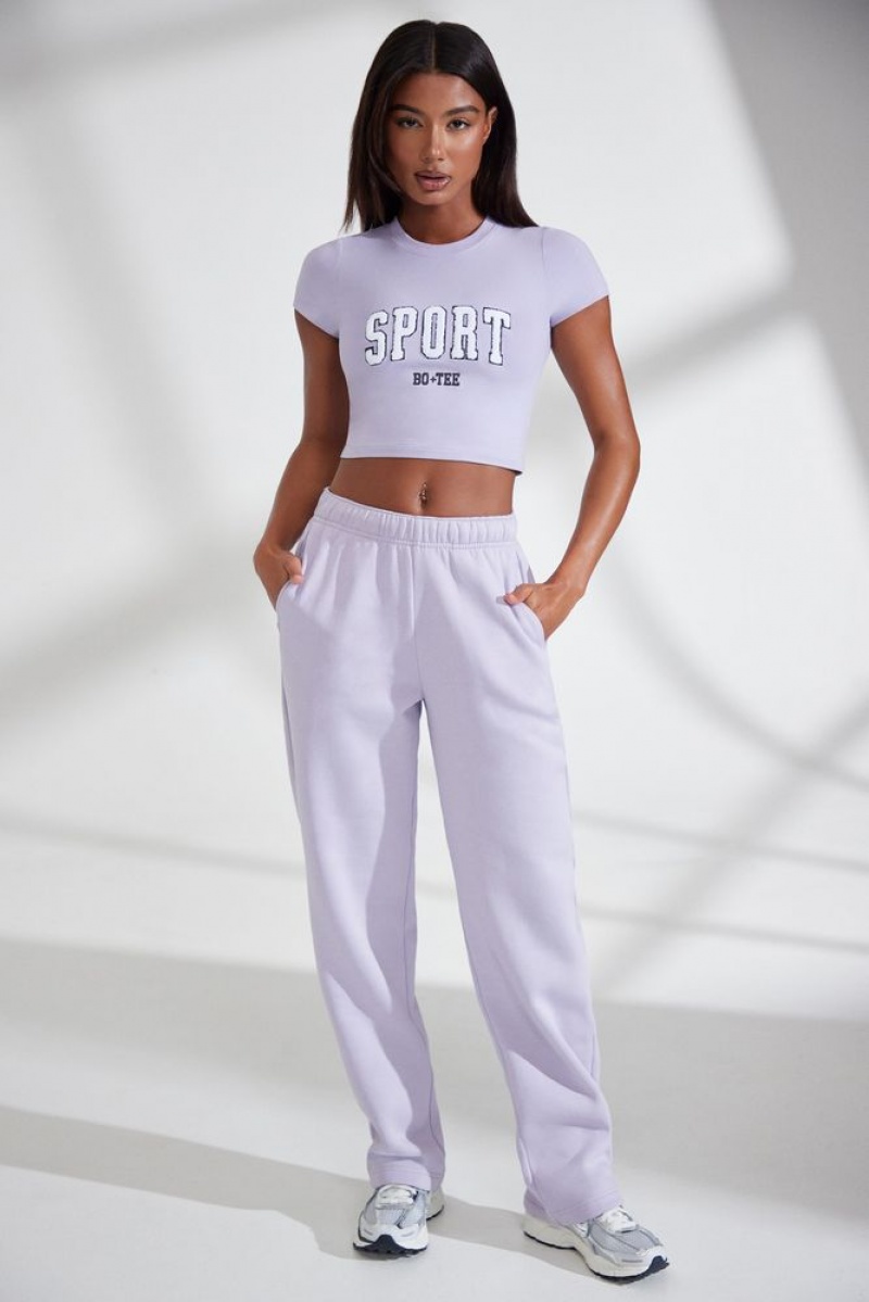 Oh Polly Athletics Petite Wide Leg Embroidered Back Joggers Pants Lavender | FZVM-69542