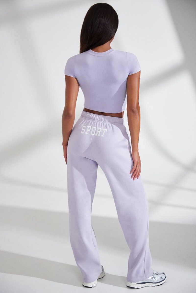 Oh Polly Athletics Petite Wide Leg Embroidered Back Joggers Pants Lavender | FZVM-69542