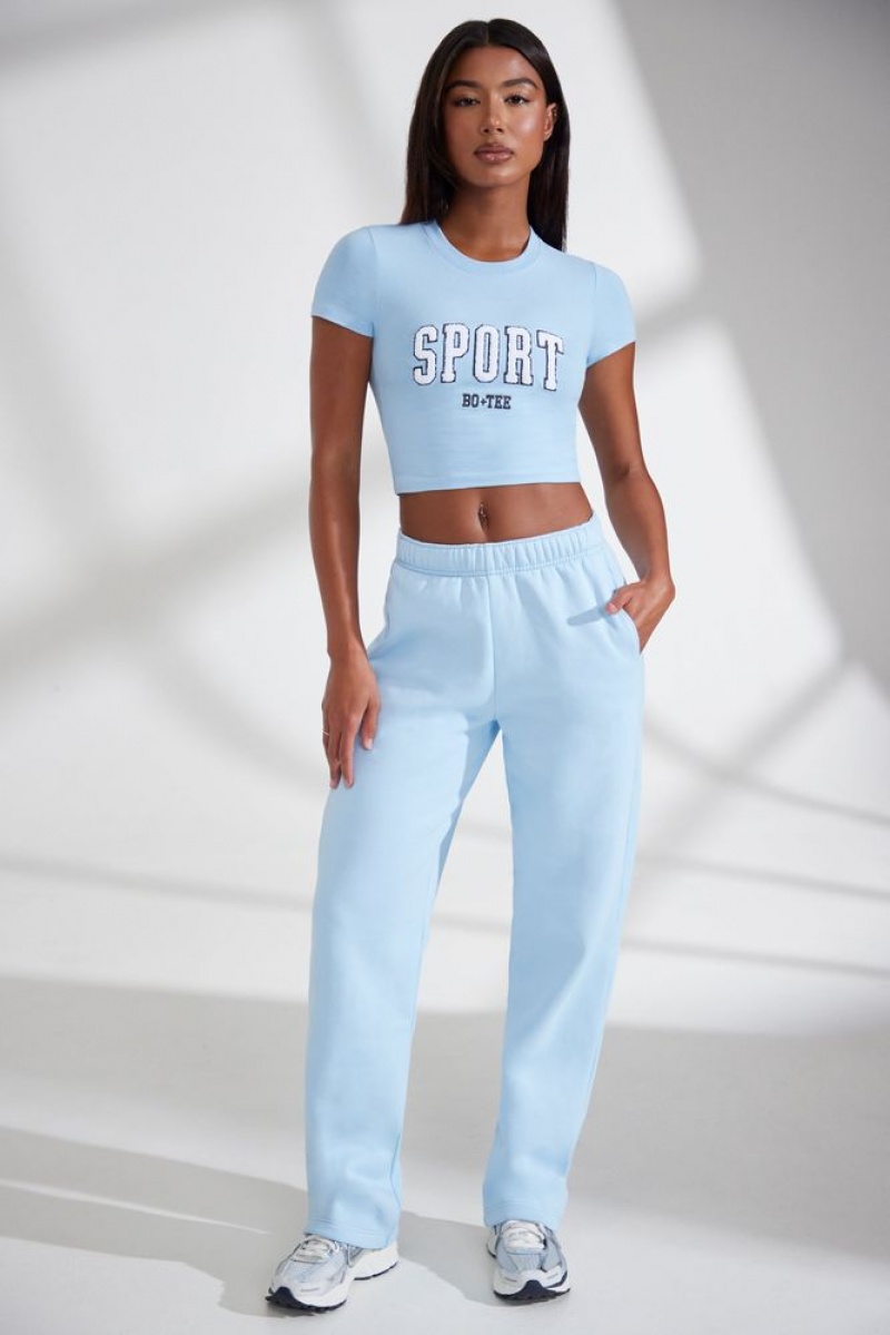 Oh Polly Athletics Wide Leg Embroidered Back Joggers Tracksuits Baby Blue | OTHV-26805