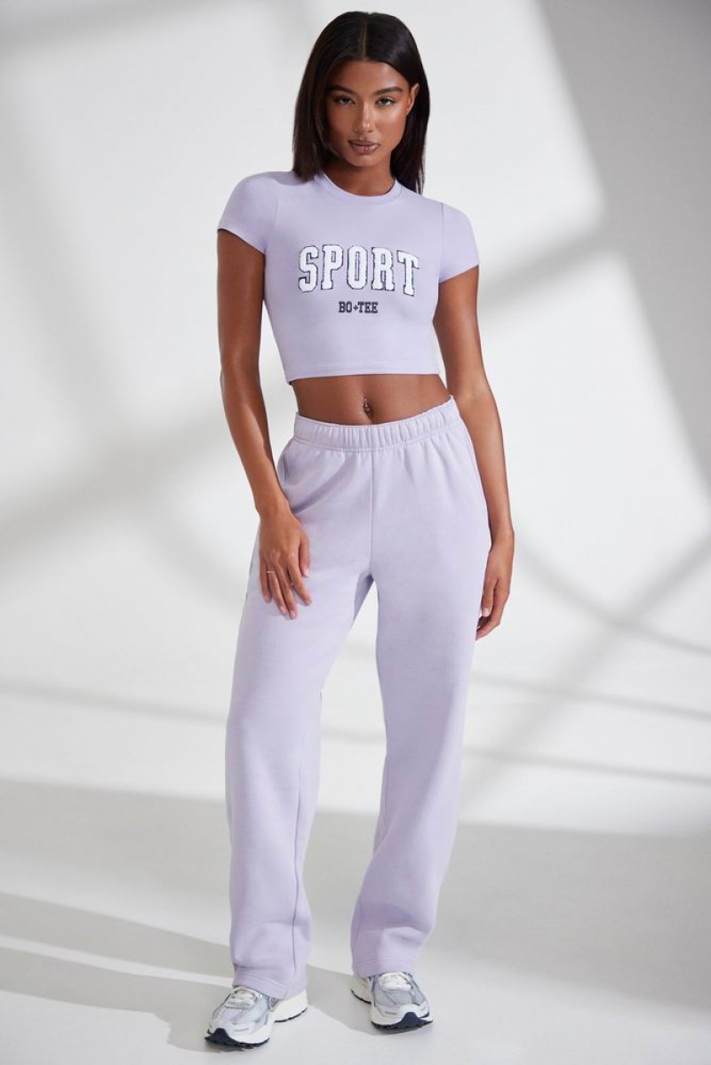 Oh Polly Athletics Wide Leg Embroidered Back Joggers Tracksuits Lavender | NRGB-95027