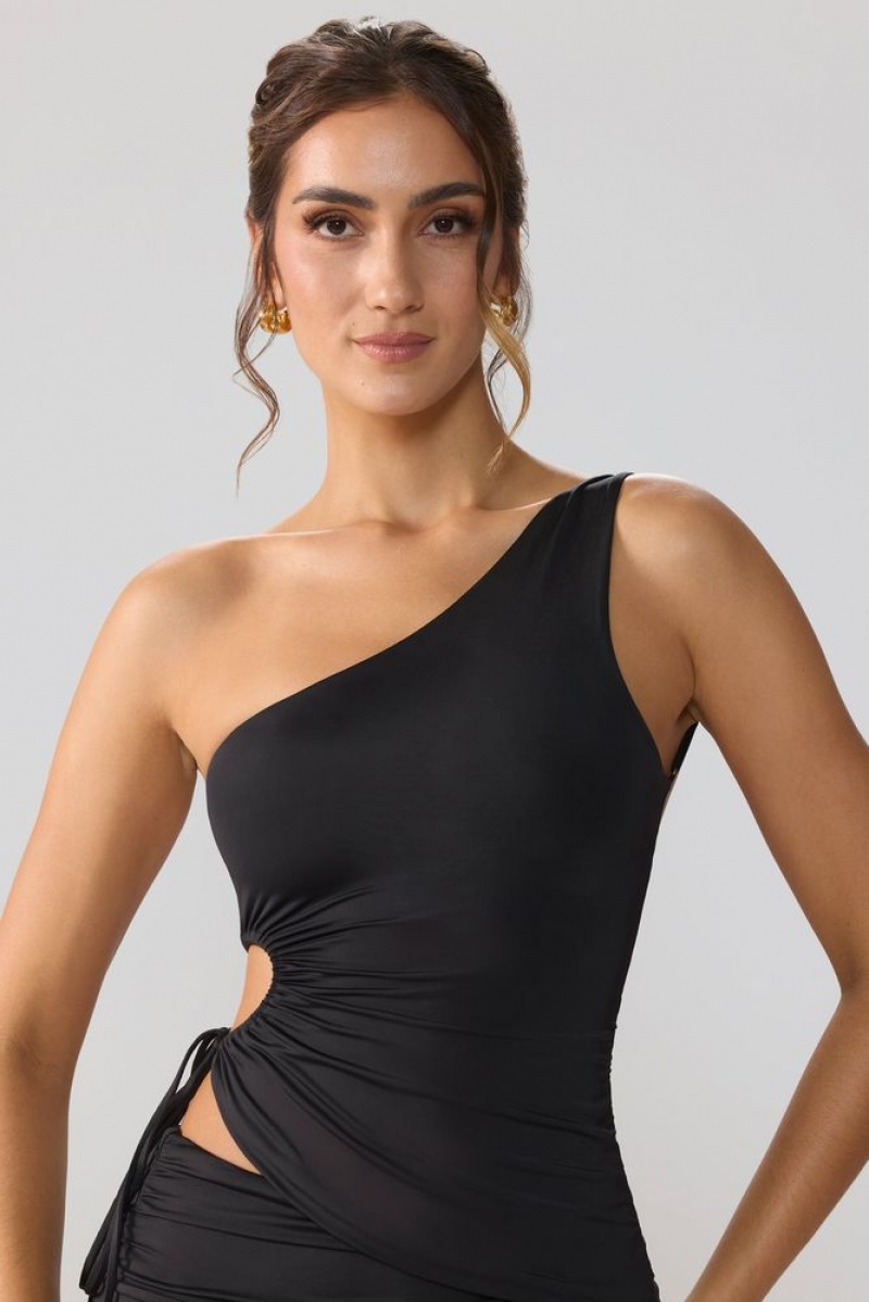 Oh Polly Aura Slinky Jersey Ruched Cut Out One Shoulder Top Womens Tops Black | GDMA-63490