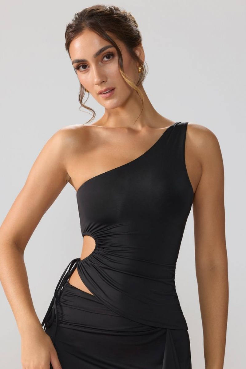 Oh Polly Aura Slinky Jersey Ruched Cut Out One Shoulder Top Womens Tops Black | GDMA-63490