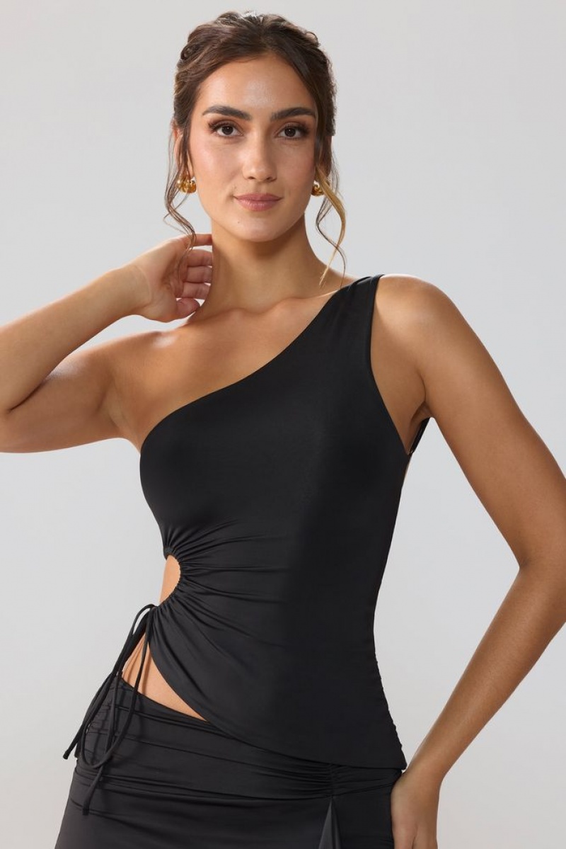 Oh Polly Aura Slinky Jersey Ruched Cut Out One Shoulder Top Womens Tops Black | GDMA-63490