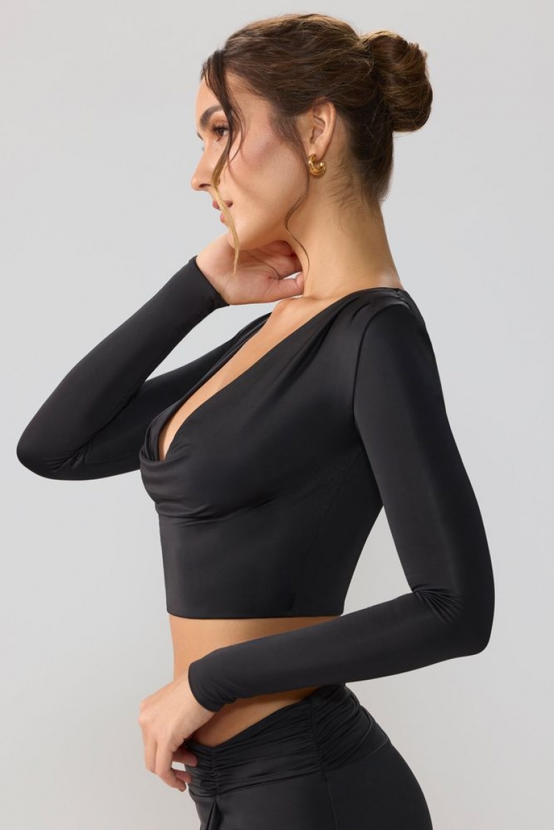 Oh Polly Avery Slinky Jersey Plunge Neck Long Sleeve Crop Top Top Womens Tops Black | OHED-21564