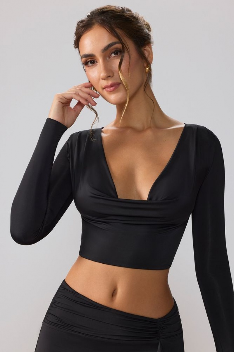 Oh Polly Avery Slinky Jersey Plunge Neck Long Sleeve Crop Top Top Womens Tops Black | OHED-21564