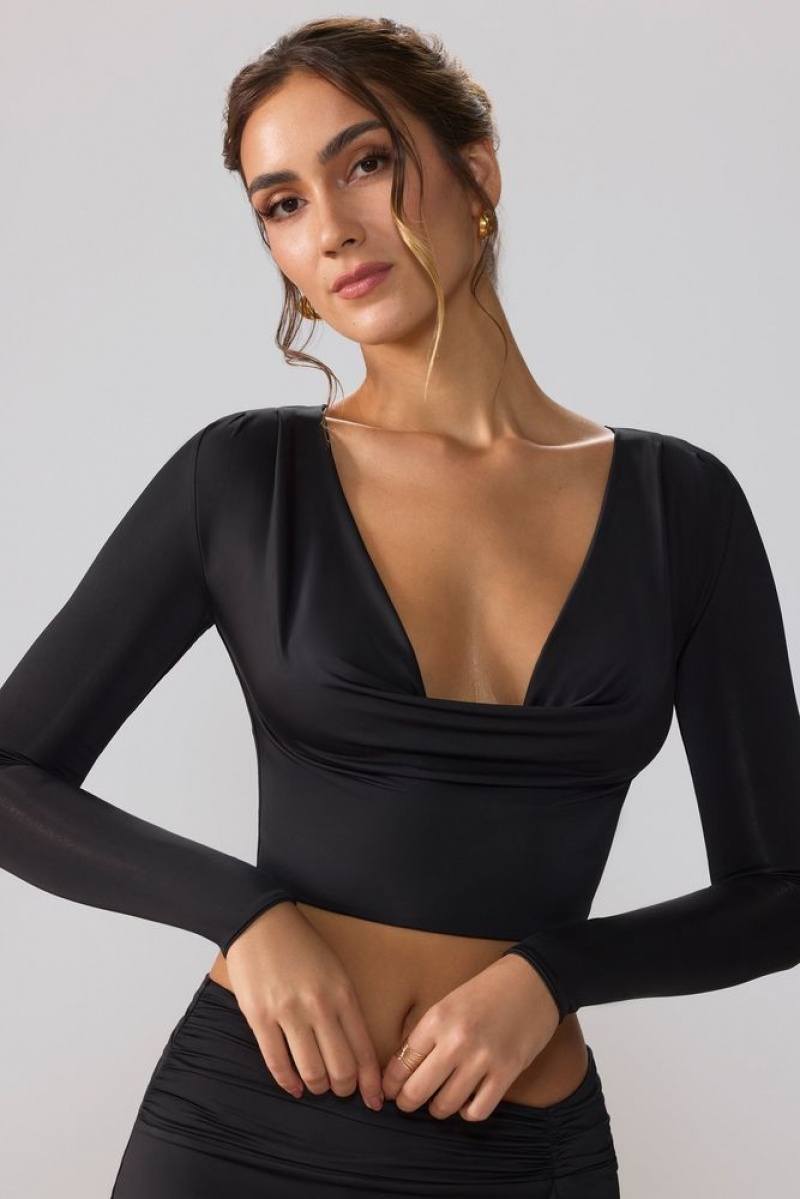 Oh Polly Avery Slinky Jersey Plunge Neck Long Sleeve Crop Top Top Womens Tops Black | OHED-21564