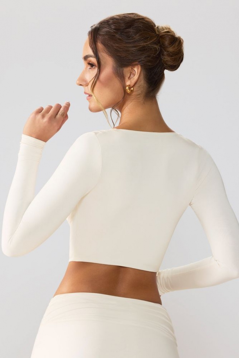 Oh Polly Avery Slinky Jersey Plunge Neck Long Sleeve Crop Top Top Womens Tops Ivory | VHDK-42719