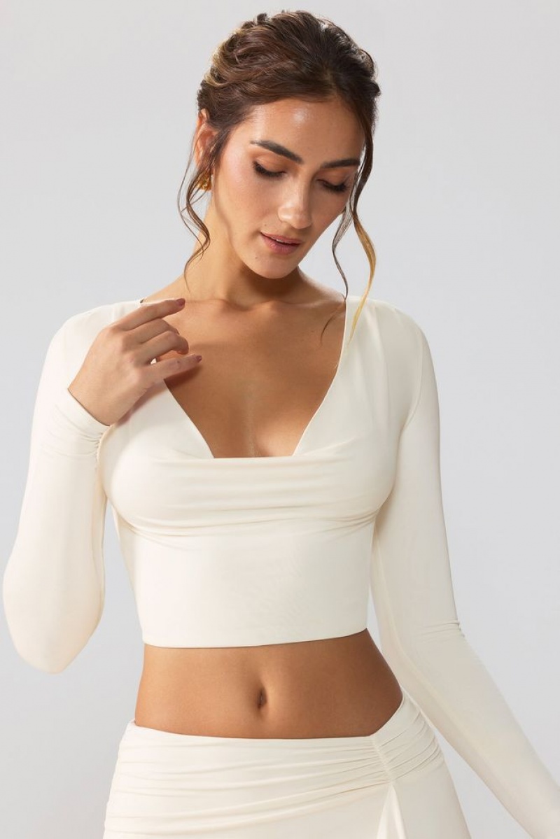 Oh Polly Avery Slinky Jersey Plunge Neck Long Sleeve Crop Top Top Womens Tops Ivory | VHDK-42719