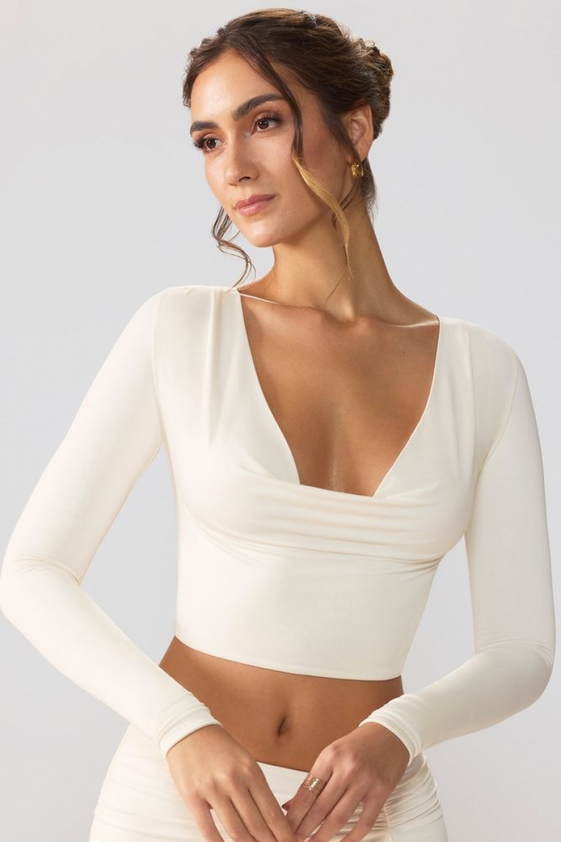 Oh Polly Avery Slinky Jersey Plunge Neck Long Sleeve Crop Top Top Womens Tops Ivory | VHDK-42719