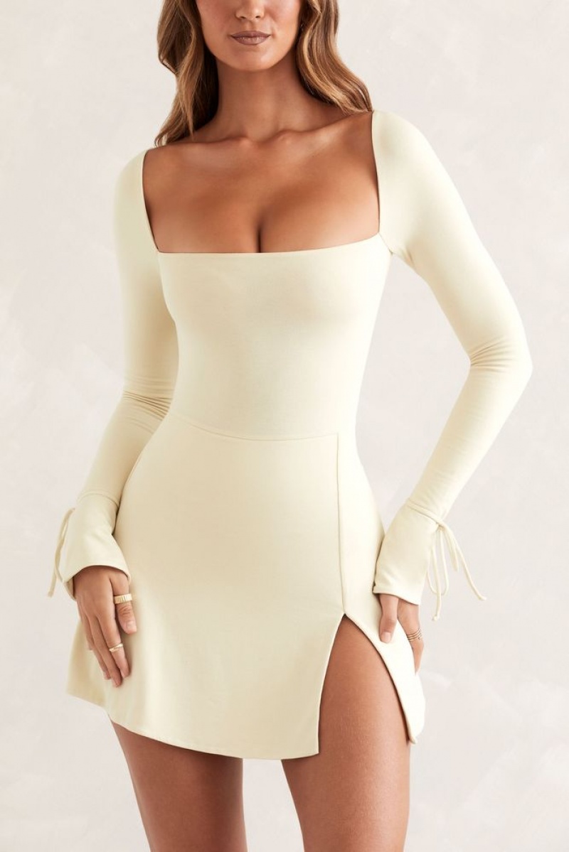 Oh Polly Baize Square Neck Long Sleeve Mini Dress Mini Dress Ivory | FNUE-80247