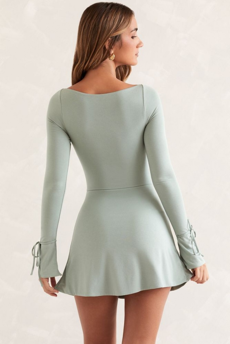 Oh Polly Baize Square Neck Long Sleeve Mini Dress Mini Dress Sage | TJDH-36958