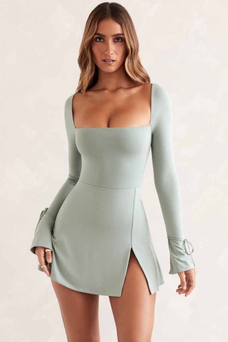 Oh Polly Baize Square Neck Long Sleeve Mini Dress Mini Dress Sage | TJDH-36958