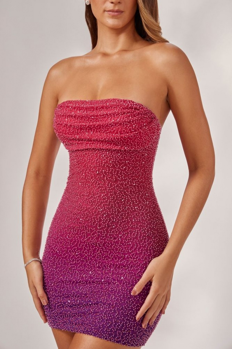 Oh Polly Basel Embellished Strapless Mini Dress Mini Dress Pink/Purple Ombré | NUEL-91685